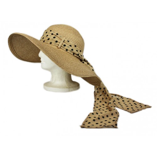 Wide Brim Hat w/ Polka Dot Chiffon Ribbon - Brown - HT-SHT2412BN